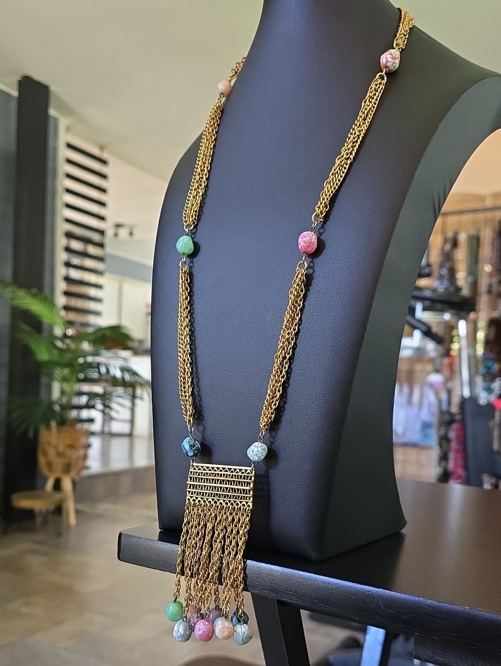Statement Multi Chain Tassel Fringe Necklace Gold Tone Colorful Glass Beads